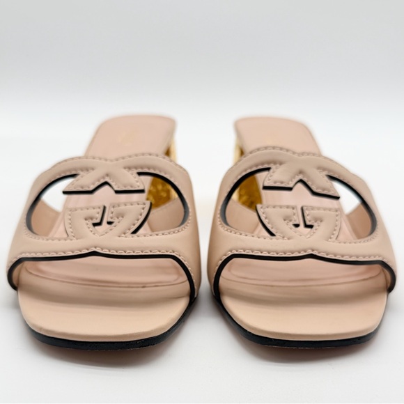 Gucci Cosmos Cut Out GG Slide Light Pink Leather Sandals Gold Heel EU41.5 US11.5 - Picture 5 of 10